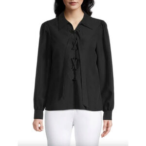 NWT Elie Tahari Blouse Black Tie Front Long Sleeve XL‎ MSRP $275
